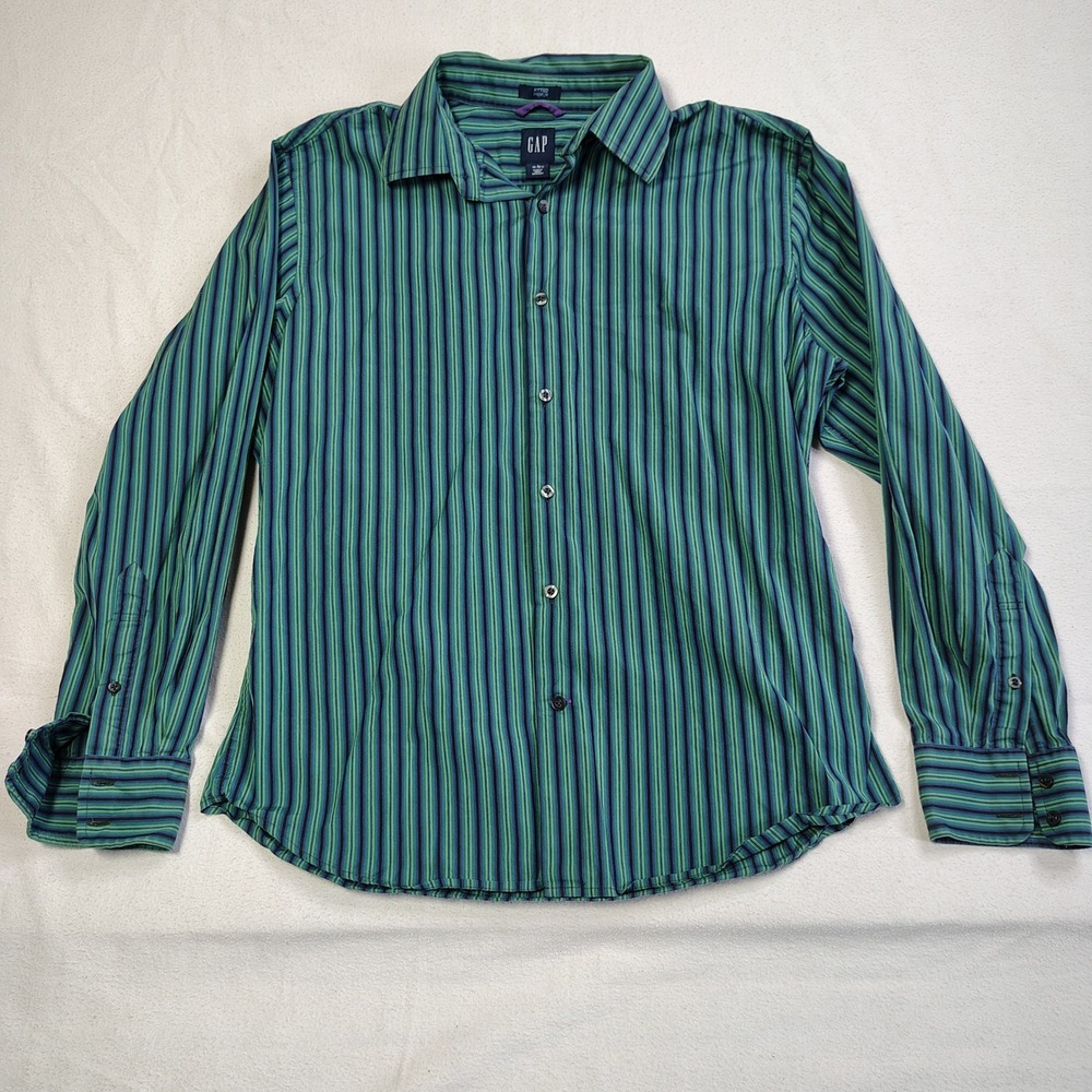 GAP Button Down Shirt Mens L Green‎ Blue Striped Fitted Premium 100% Cotton